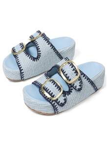 Summer Raffia Platform Sandals Women Thick Bottom Rivit Buckle Slippers Comfy Fashion Dress Beach Women Slides Shoes - 藍色 - 查看 2