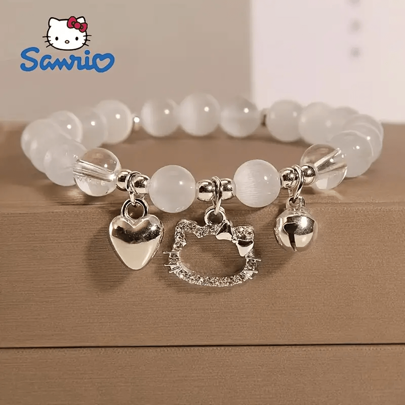 Sanrio 1 peça Sanrio Hello Kitty Elástico para Pulso com Contas de Vidro Esmaltado em Forma de Coração, Feito para Maiores de 15 Anos, Joia com Tema Bonito, Oficialmente Licenciada e Inspirada no Ano 2000 para Aniversários e Festivais