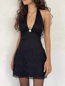 2025 New Arrival Vintage American Style Elegant Lace Halter Wrap Backless Deep V-Neck Bodycon Mini Dress With Rose Decor, Mature Sexy Fit & Flare Cocktail Party Dress, Holiday Summer