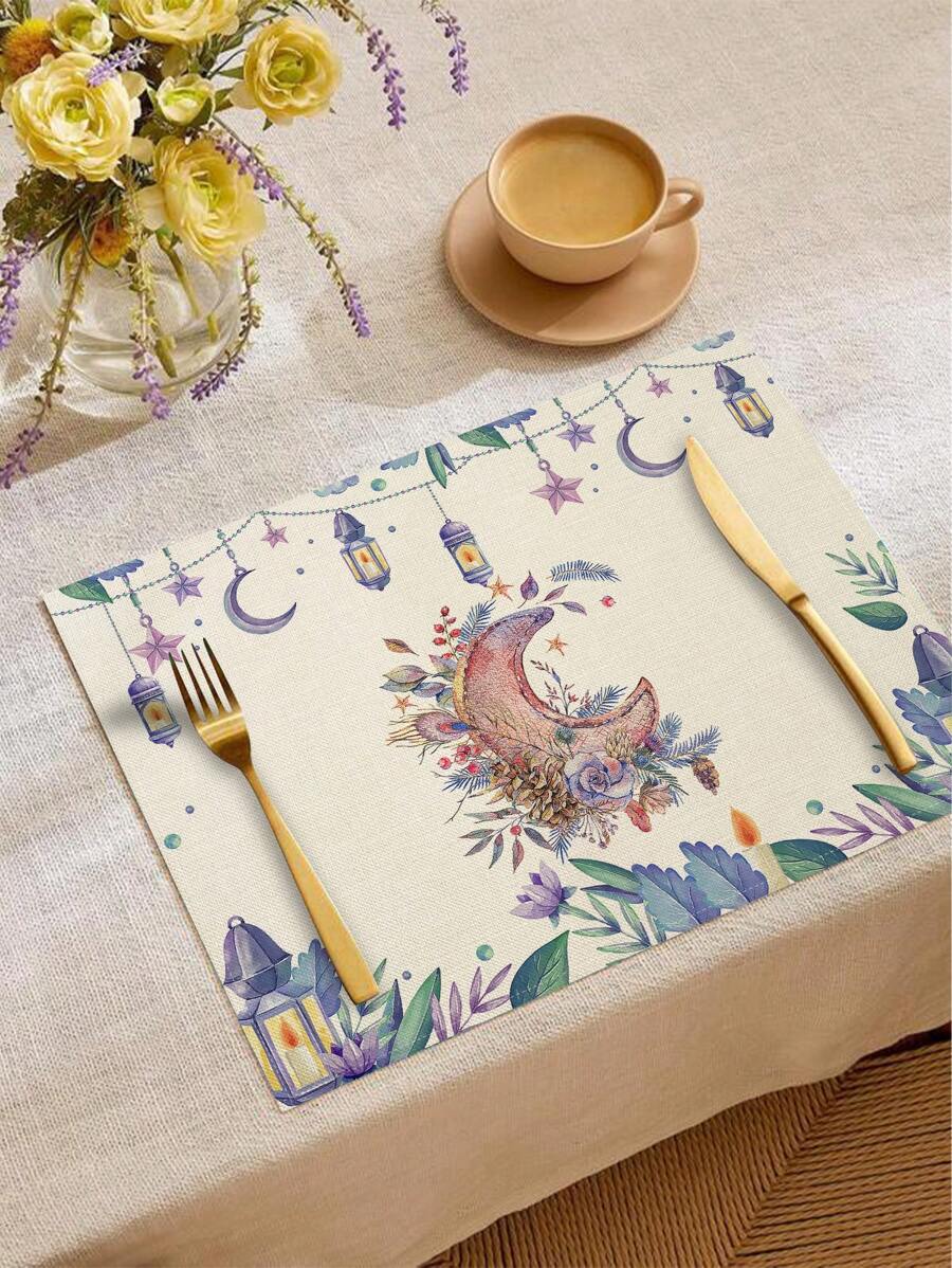 1pc/4pcs/6pcs Purple Ramadan Flower, Star, Moon Candle Placemats, Cloud Linen Dining Mat, Dirt Resistant Placemats Suitable For Home, Restaurant, Dining Table Decor, Home Goods - Multicolor - View 1