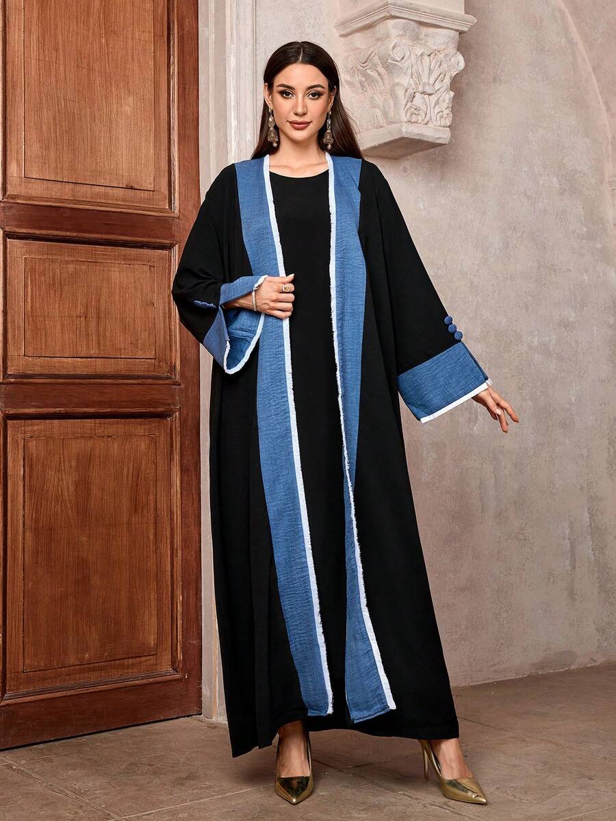 时尚拼布开叉袖和服长袍超大穆斯林流苏长袍女士伊斯兰服装长外套外长袍