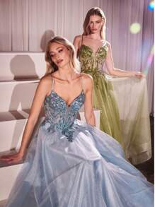 ALTA CALIDAD DE VESTIDO CON TUL CON CAPAS DE ENCAJE Y DETALLADO - Greenery - Ver 4
