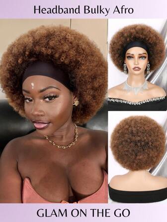 Afro Pannband Peruk Kort Afro Kinky Lockiga Peruker För Kvinnor,Naturliga Svarta Limlösa Afro Peruker Med Pannband fäst Afro Lockiga Pannband Peruker Syntetisk Afro Scarf Peruker För Dam Afro Peruker