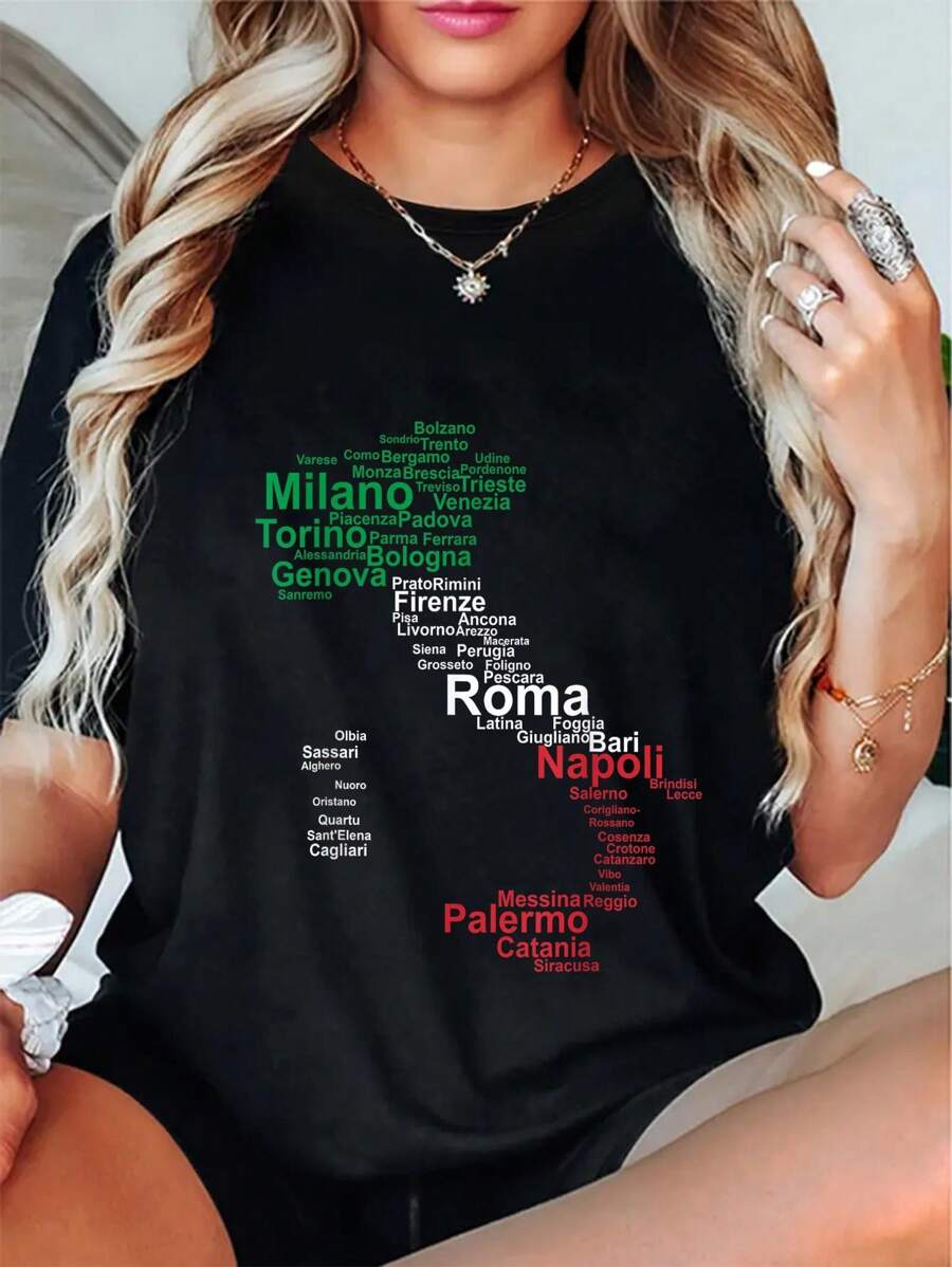 Italy Map Silhouette Flag Towns Cities Rome Travel Europe T-Shirt Round Neck Short Sleeve T-Shirt Women's Men's Graphic Tee - 黑色 - 查看 1