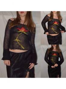 Tops de punto con estampado floral para mujer, camisetas de manga larga con cuello barco y corte ajustado, suéteres transparentes - Flores negras y rojas - Ver 2