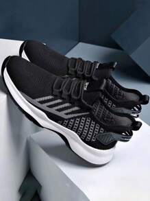 Los hombres de color sólido antideslizante de malla transpirable zapatos tenis, ligero y cómodo con cordones zapatillas de deporte de los hombres, versátil punta redonda pareja formadores, adecuado para los desplazamientos diarios, adecuado para caminar, ir de compras, correr, deportes al aire libre, fitness, viajes. - Negro - Ver 3