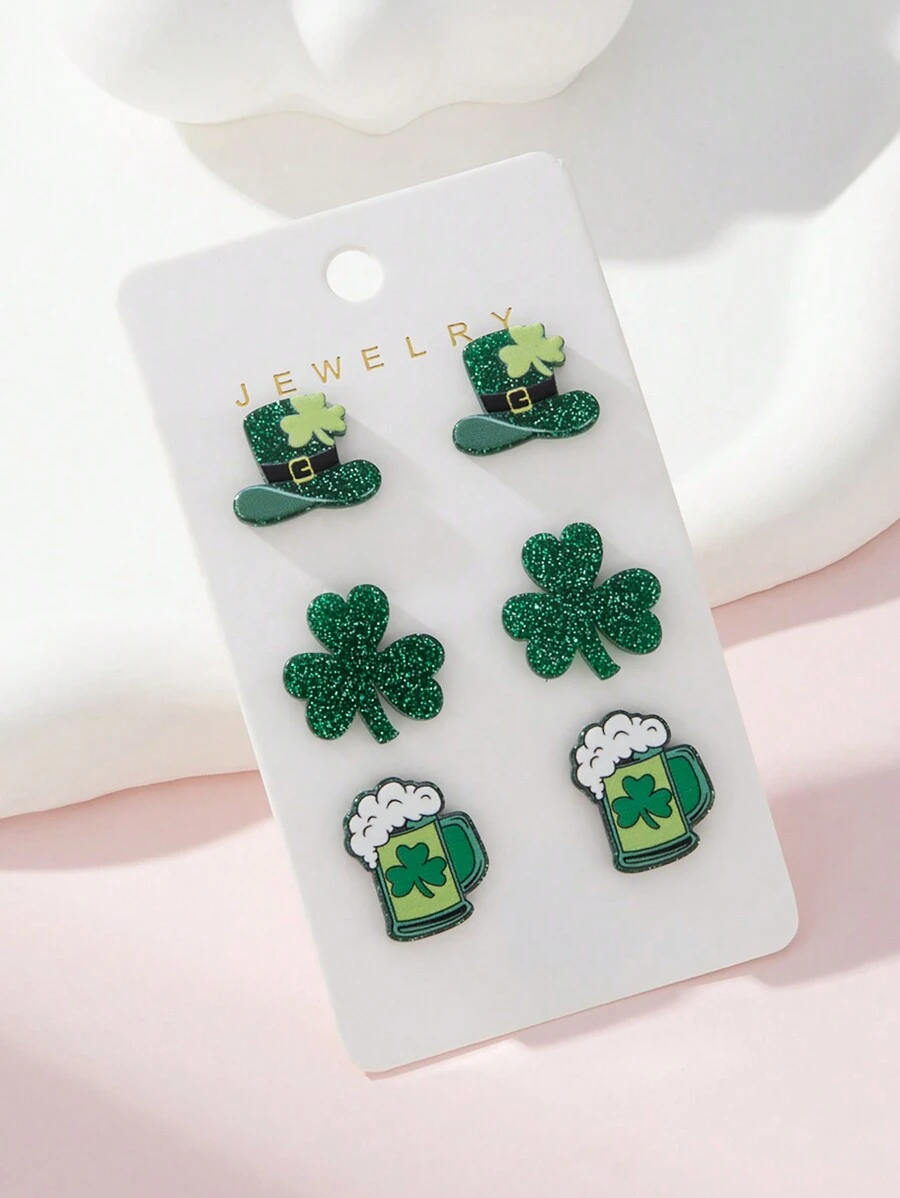 3 件/套亚克力圣帕特里克节闪亮绿帽子、三叶草、啤酒杯设计女士首饰套装耳环 - 綠色 - 查看 1