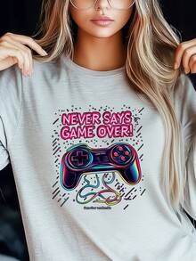 Women's Plus Size T-Shirt Game Controller Game Cool Print Fashion Long Sleeve Round-Neck Loose Fit Tee Casual Streetwear - Grey - View 1