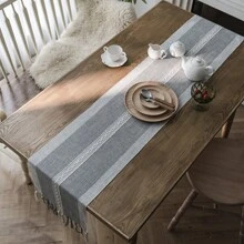 Scandinavian Modern Simple Solid Color Woven Table Runner With Tassels, Polyester Blend, Rectangular, Home And Festive Table Decor For Dining Room, Parties, Weddings - Grey With White Lines - 1pc - Grey - View 4