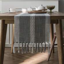 Scandinavian Modern Simple Solid Color Woven Table Runner With Tassels, Polyester Blend, Rectangular, Home And Festive Table Decor For Dining Room, Parties, Weddings - Grey With White Lines - 1pc - Grey - View 1