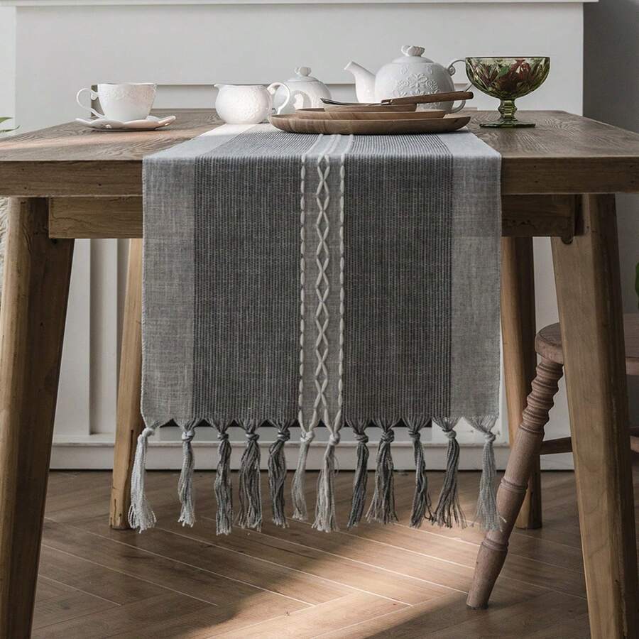 Scandinavian Modern Simple Solid Color Woven Table Runner With Tassels, Polyester Blend, Rectangular, Home And Festive Table Decor For Dining Room, Parties, Weddings - Grey With White Lines - 1pc - Grey - View 1