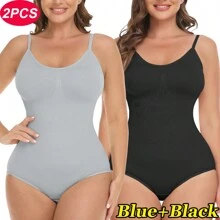 2PCS Slimming Women Tummy Control Shapewear Bodysuit Waist Trainer Body Shaper Underwear Waist Compression Jumpsuit Shaping Tank Top Seamless Undershirts Spaghetti Strap - Black+Blue(2 Pack) - View 2
