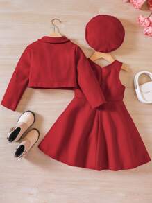 2 件套年轻女孩短夹克和围裙连衣裙套装，配蝴蝶结贝雷帽，秋冬