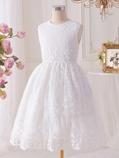 1pc Tween Girl Casual Embroidered Lace Trim V-Neck Mesh Overlay Dress, Summer