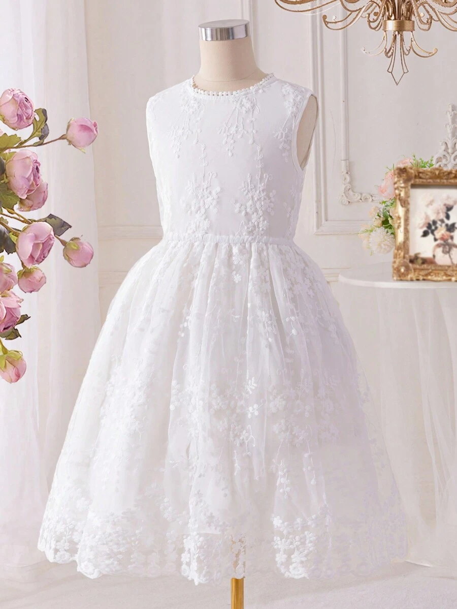 1pc Tween Girl Casual Embroidered Lace Trim V-Neck Mesh Overlay Dress, Summer - White - View 1