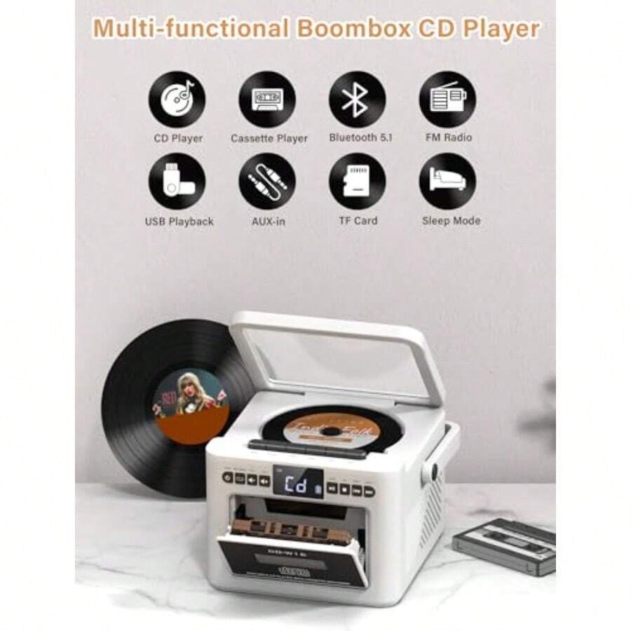 CD Player With Speakers Cassette Boombox Bluetooth Portable Radio For ...