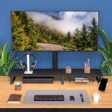 Large Dual Monitor Stand Riser Wooden Computer Desk Stand Metal Legs Desk Organizer Awer Underneath Storage Shelf For PC Printer TV Laptop Oak - OakWhite1 - View 5