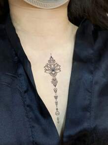 1 件莲花花图腾临时纹身防水防汗持续 1-2 周逼真草本汁抗摩擦不反光仿黑色假纹身男女纹身贴纸适用于手臂、胸部、腿部、腹部、腰部现代人体艺术 - 黑色 - 查看 2