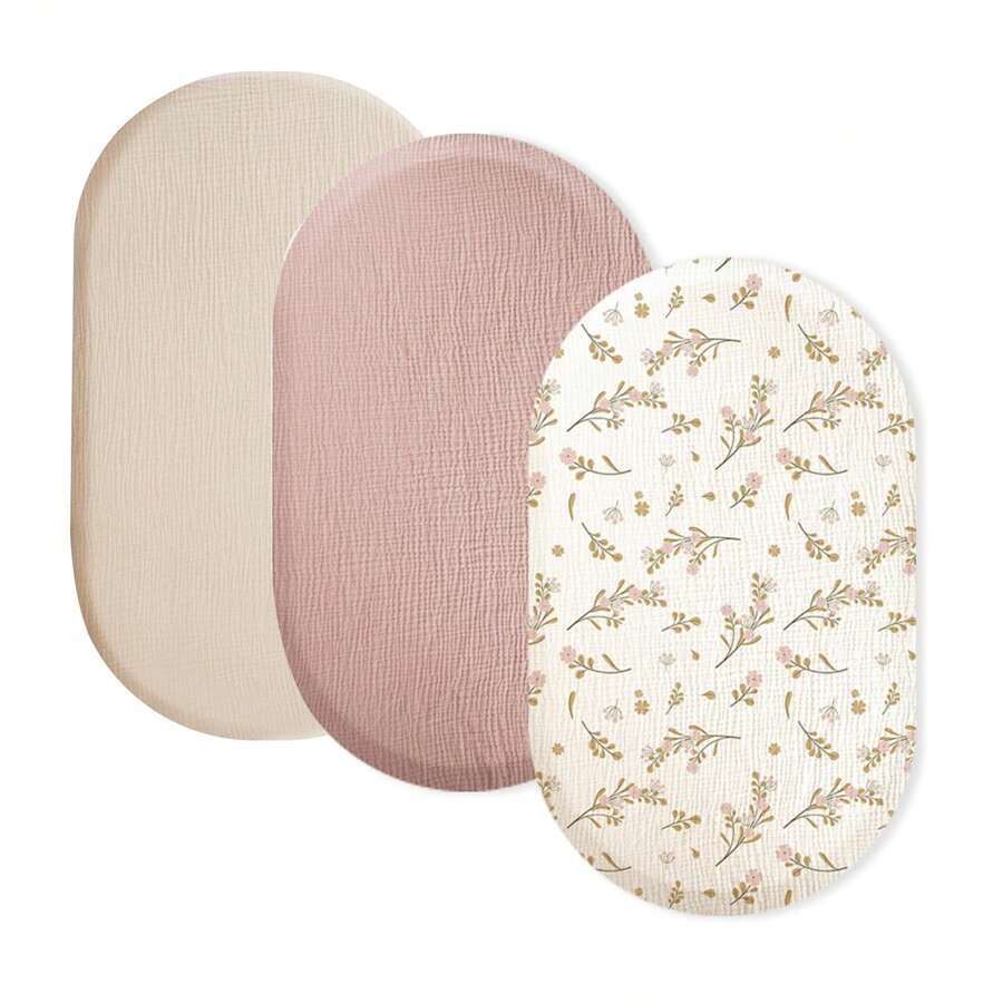 3PCS/Set Soft Breathable Baby Bassinet Sheets Fitted Bassinet Sheet Set Bassinet Mattress Sheets Universal Fit For Rectangle Round Oval Mattress - Pink Flowers - View 1