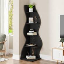 Rustic 5-Tier Wall Corner Bookshelf, Stylish Corner Small Bookcase Storage Rack Plant Stand With Unique Shape For Living Room, Home Office (1PC, Brown) - Black - View 4
