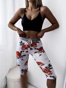 Women's White 3/4 Length Shorts With Red Flowers - Clothing - Orange - View 2