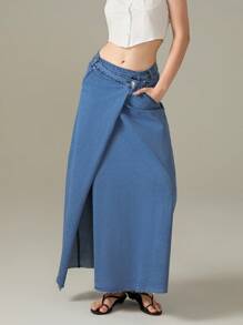Womens Denim Wrap Long Skirt A-Line Hem Solid Color Button-Up Closure Casual Skirts - Royal Blue - View 4