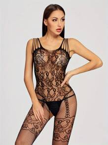 3pc Sexy Lingerie Jumpsuit, Open Crotch Exposed Breast Bra Mesh Set, Women's Jumpsuit And Sexy Lingerie Set
