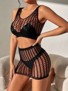 3pc Sexy Lingerie Jumpsuit, Open Crotch Exposed Breast Bra Mesh Set, Women's Jumpsuit And Sexy Lingerie Set