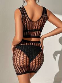 3pc Sexy Lingerie Jumpsuit, Open Crotch Exposed Breast Bra Mesh Set, Women's Jumpsuit And Sexy Lingerie Set