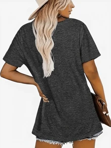 Printed T-Shirt, Short Sleeve V-Neck Casual Top, Summer And Spring, Women's Clothing - 深灰色 - 查看 2