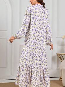 春冬新款印花长裙，度假风宽松系带女士连衣裙，全身印花，荷叶边袖口，时尚长袖，女士热销款 - 紫色 - 查看 3