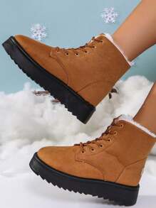 Las mujeres de invierno al aire libre antideslizante botas de nieve caliente, la moda con cordones de fondo grueso tobillo botas botas cortas, 2024 nuevas botas de nieve forrada de felpa - Marrón - Ver 1