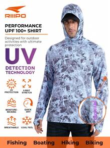 Sudadera de protección solar UPF 100+ de primavera y verano RIIIPO para hombres con tecnología de detección UV, camisa de pesca de rendimiento, cuello redondo, absorción del sudor activa, secado rápido, transpirable, estiramiento en 4 direcciones, ligera, resistente a las arrugas, mangas largas extendidas, protector solar para deportes al aire libre, con agujeros para los pulgares, limpiador de lentes de microfibra incorporado, apto para la playa, navegación, senderismo, caza, deportes acuáticos - Celeste - Ver 1