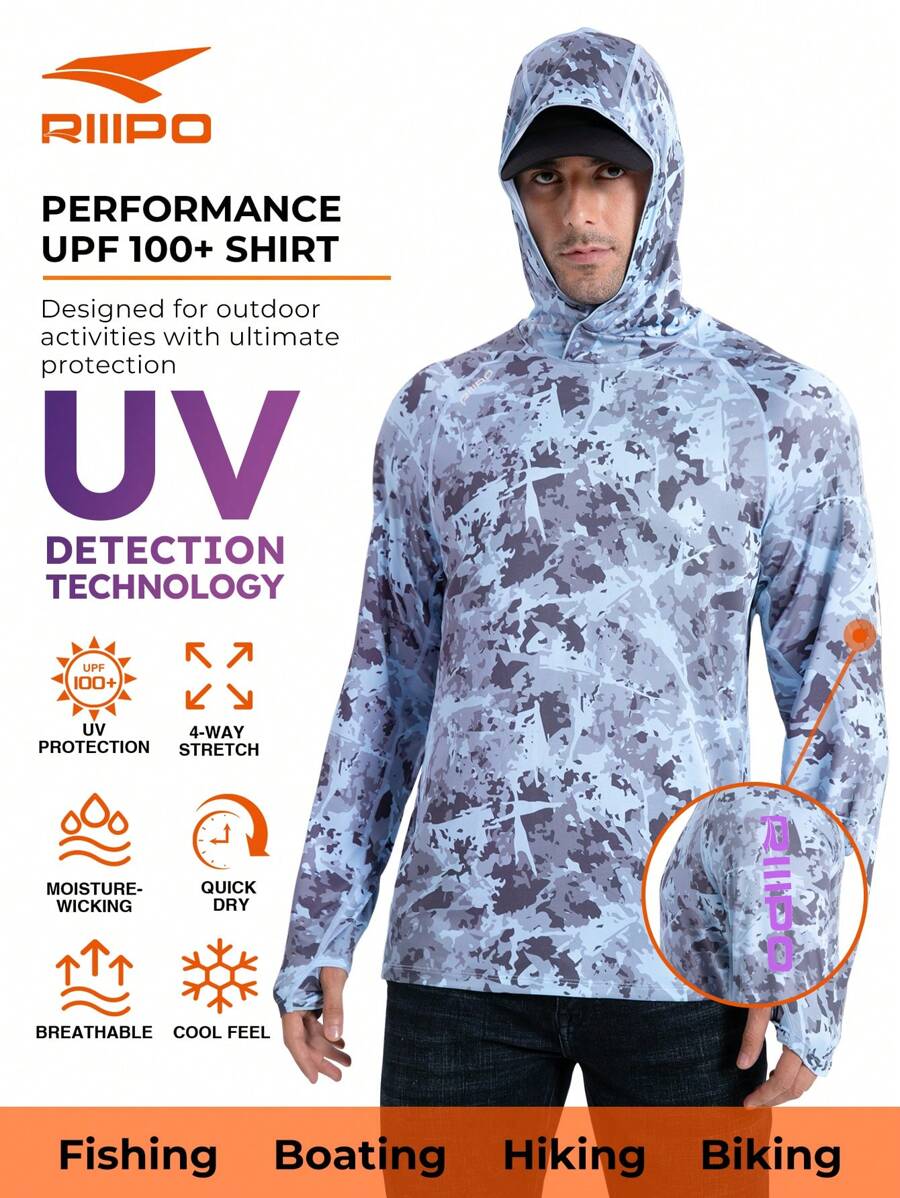 Sudadera de protección solar UPF 100+ de primavera y verano RIIIPO para hombres con tecnología de detección UV, camisa de pesca de rendimiento, cuello redondo, absorción del sudor activa, secado rápido, transpirable, estiramiento en 4 direcciones, ligera, resistente a las arrugas, mangas largas extendidas, protector solar para deportes al aire libre, con agujeros para los pulgares, limpiador de lentes de microfibra incorporado, apto para la playa, navegación, senderismo, caza, deportes acuáticos - Celeste - Ver 1
