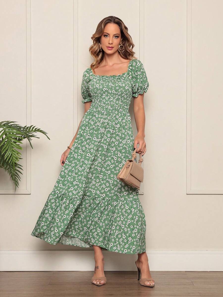 Long Dress With Puffed Sleeves Elastex Print - Green - View 1