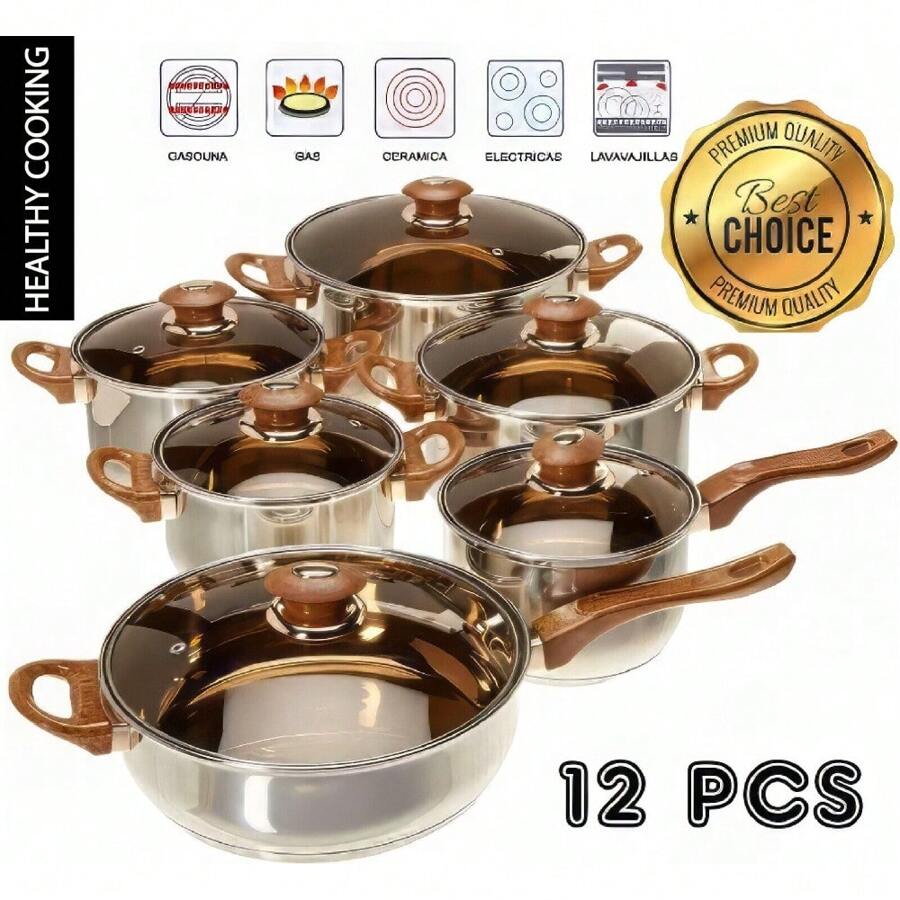 Stainless Stee Cookware Set Pots Sauce Pans Frying Pan Set 12 Pieces, Silver - 1 - View 1