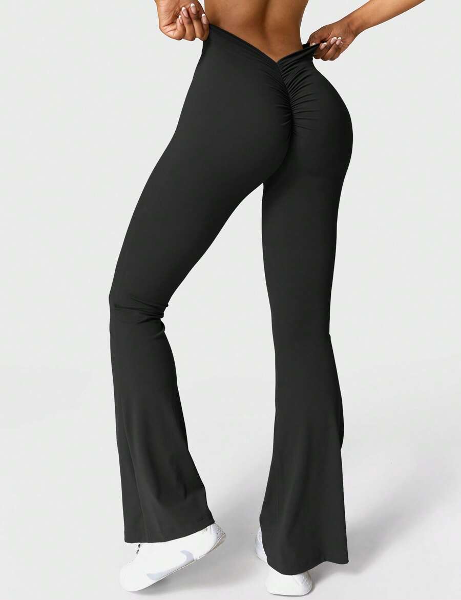 VOYJOY Scrunch Flare Leggings Daze V Back Butt Lifting Wide Leg High Waist 31.5" Gym Workout Yoga Pants - 黑色 - 查看 1