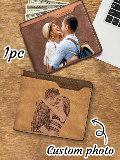 1pc Custom Photo Wallet For Men, Personalized Engraved/UV Picture Wallets For Men, Customized Gifts For Men, Customizable Photo Valentine'S Day Gift, 12.4cm/4.88 Inch X 9.9cm/3.90 Inch X 2.5cm/0.98 Inch, 5 Card Bits, 2 Colors Light Brown/Dark Brown, UV/Color, Engraving/Black And White, Dad Wallet, Personalized Gifts For Men, Gifts For Men, Boyfriend, Fiance, Husband, Dad Valentine'S Day Birthday Anniversary Gifts,Customized Wallets & Card Cases,Vintage Outfit