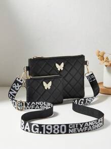 Set de 2 bolsos: Bolso bandolera acolchado con diseño de rombos y bolso de hombro con diseño de mariposa, con bolsillo para teléfono y monedero - Negro - Ver 2
