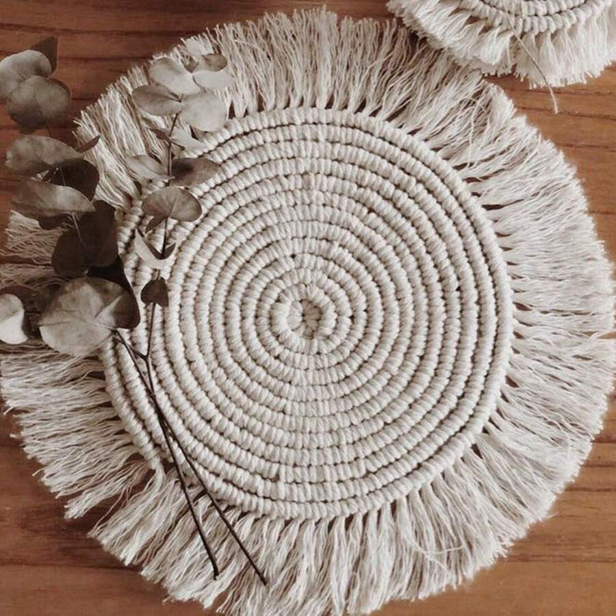 A Bohemian Style, Round Hand Woven Rope Placemat, Pure Hand Woven Coaster, Japanese Insulated Bowl Mat And Hot Pot Mat, Suitable For Table Home Insulation Table Mat, Decorative Mat, Wedding Decoration Mat. - Beige - View 1