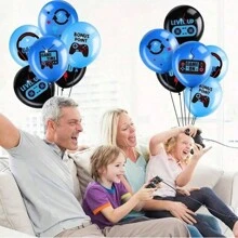 18pcs Video Game Party Balloons Set - Black & Blue Latex, Ideal For Teenage Gamer Birthday