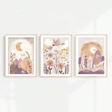 Set Of 3 Cute Boho Flower Moon Sun Wall Arts Canvas Prints, Rama Decor, Wildflower Girls Room Decor Posters, Butterfly Floral Wall Decor, Neutral Soft Mauve Wall Art, Ideal Gift For Living Room, Bedroom, Office, Hallway, Home And Room Decoration, Unframed Rama Gifts Birthday Graduation