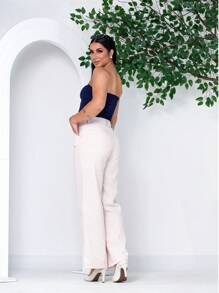 Calça Feminina Wide Leg Bege Claro Em Linho praia  com forro branco fresco social trabalho