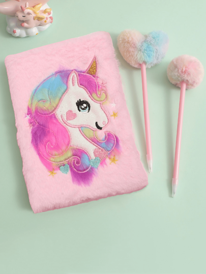 2pcs/Set Cartoon Unicorn Plush Notebook Set, Cross-Border Children's Writing Drawing Diary Book With Lock, Student Learning Record Book, Children's Tie-Dye Heart Plush Diary Pen, Student School Prize Gift Pen, Children's Christmas Gift Set , Back To School Gifts