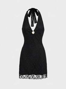 2025 New Arrival Vintage American Style Elegant Lace Halter Wrap Backless Deep V-Neck Bodycon Mini Dress With Rose Decor, Mature Sexy Fit & Flare Cocktail Party Dress, Holiday Summer