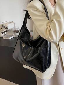 New Solid Color Women's Handbag, Fashion Minimalist Large Capacity Storage Tote Bag, Casual Portable Foldable Shoulder/Underarm Bag, Compact Lightweight Multifunctional Bag, Retro College/Work Commute Bag, Suitable For Friends Shopping, Dates, Business Travel And Various Occasions - Black - View 3