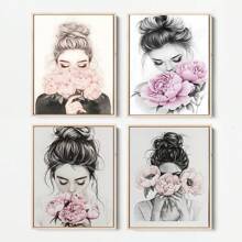 1/4 件女性花卉墙艺术水彩花卉、复古帆布印刷品、手捧鲜花的女性海报、现代抽象女性、帆布墙艺术、女性花卉艺术、女孩房间的审美女性海报、墙壁艺术装饰壁画、家居装饰、海报艺术、帆布墙海报、卧室客厅走廊装饰