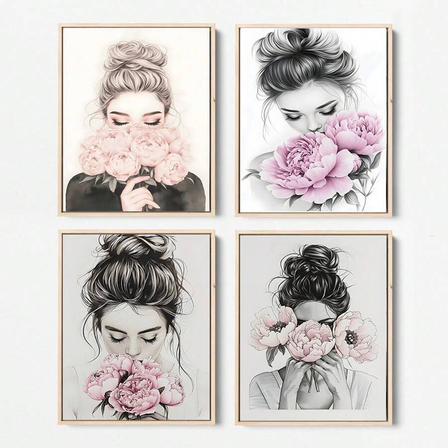 1/4 件女性花卉墙艺术水彩花卉、复古帆布印刷品、手捧鲜花的女性海报、现代抽象女性、帆布墙艺术、女性花卉艺术、女孩房间的审美女性海报、墙壁艺术装饰壁画、家居装饰、海报艺术、帆布墙海报、卧室客厅走廊装饰