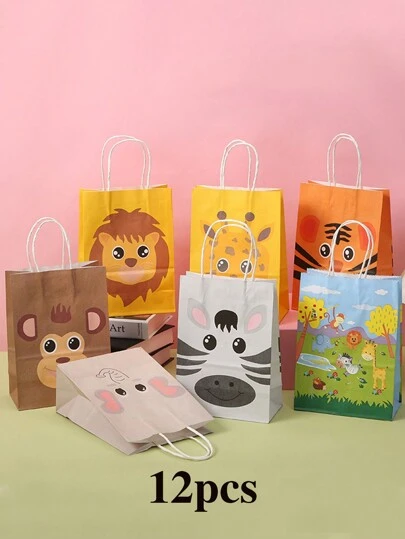 2/4/12pcs Kraft Paper Bags With Handles, Cartoon Animal Designs (Elephant, Monkey, Lion, Giraffe), Suitable For Gift Packaging, Party Favors, Retail Stores, Wedding Decorations, Birthdays, Valentine's Day, Reusable Shopping Bags