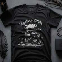 Vegetarian Vampire TShirt, Teddy Bear Shirt Vampire Dark Academia Gift Vegetarian Dark Aesthetic Tee Mushroom Tee Unisex Outfit Alt Clothing - Black - View 1